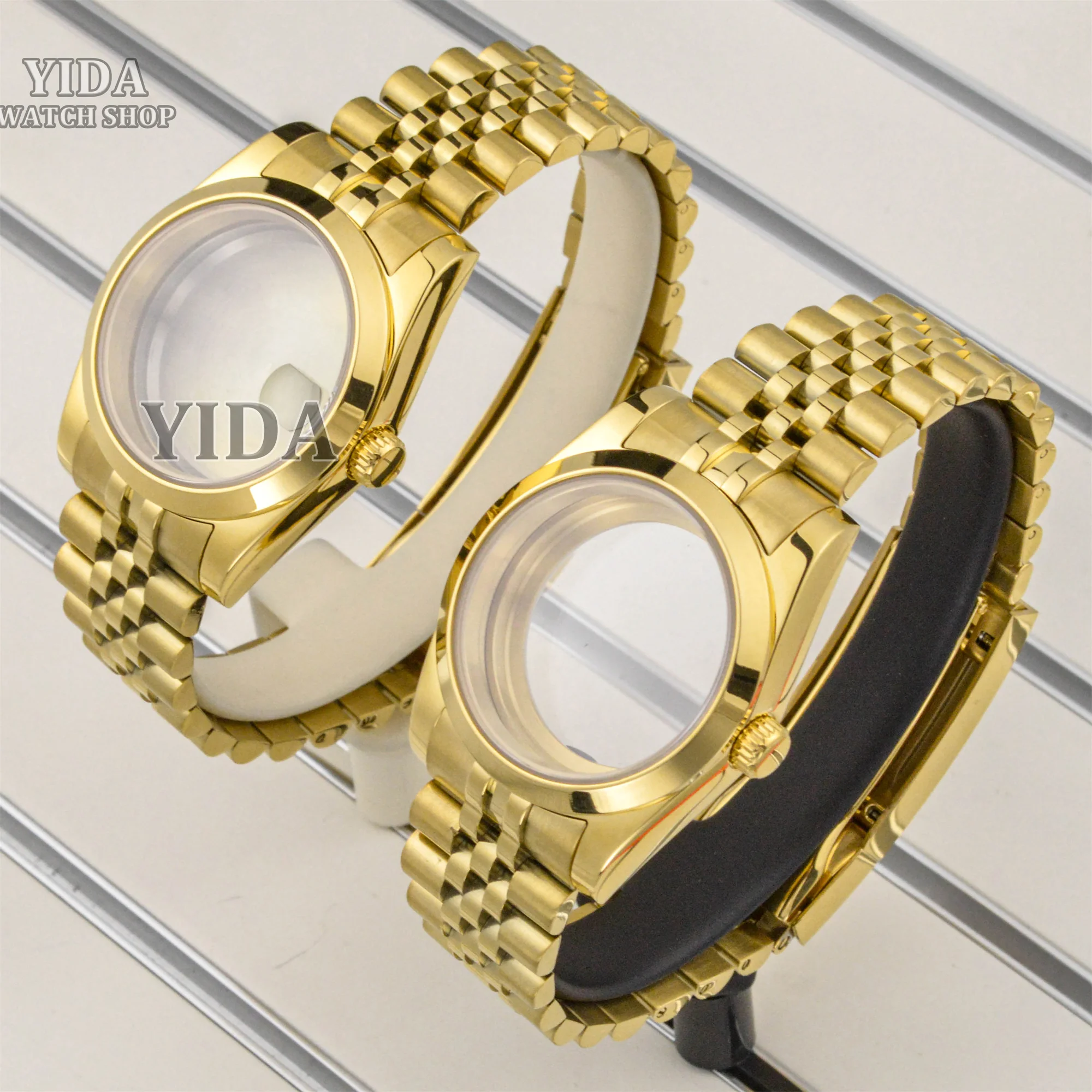 NH35 36/39 مللي متر أجزاء الساعة PVD الذهب حاوية من الفولاذ المقاوم للصدأ حزام 28.5 مللي متر الطلب ل اليوبيل قابل للتعديل NH36 حركة الياقوت الكريستال