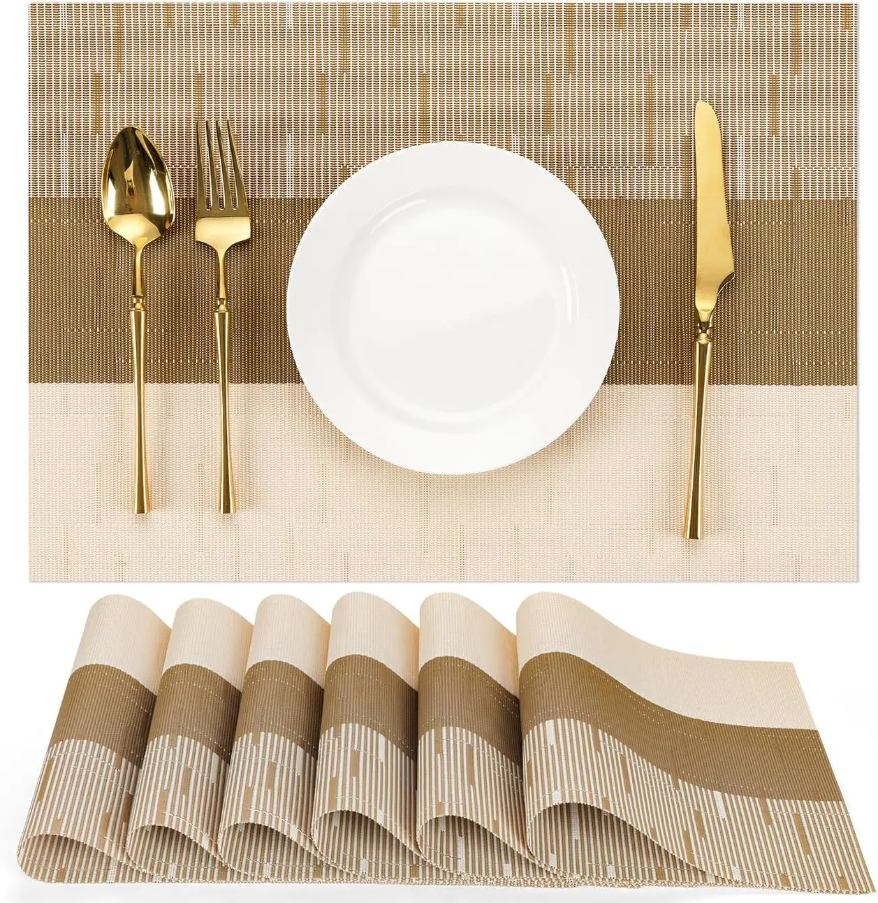 

Woven Placemats Set of 6, Washable PVC Table Mats, Heat-Resistant Non-Slip, Beige Light Brown