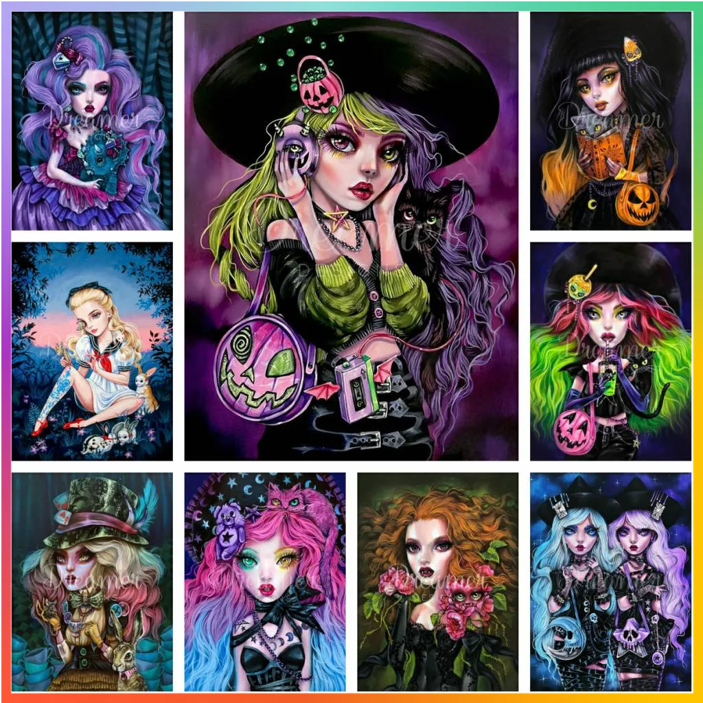 Muñeca gótica de dibujos animados de princesa oscura, pintura de diamantes, punto de cruz, mosaico bordado, decoración del hogar, 5D, juego de arte DIY, rompecabezas de dibujo Canva