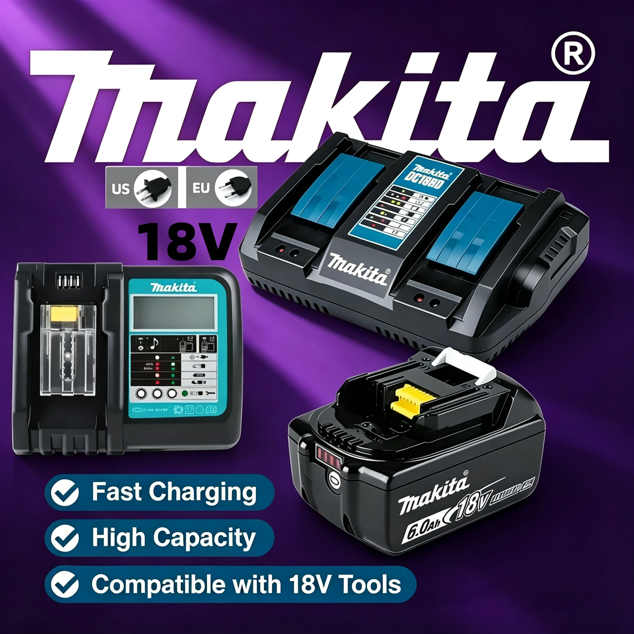 

Makita BL1830 BL1840 BL1850 BL1860 BL1430 18V 14.4V Battery with DC18RD DC18SF 4 Port Fast Charger 100% Genuine Replacement