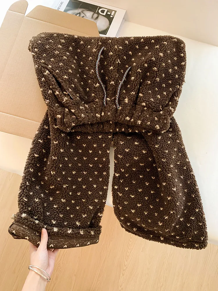 

High Waist Fce Lined Flared Leg Polka Dot Casual Pants Women Winter Thi Warm Corduroy Dstring Slimming Cotton Trousers