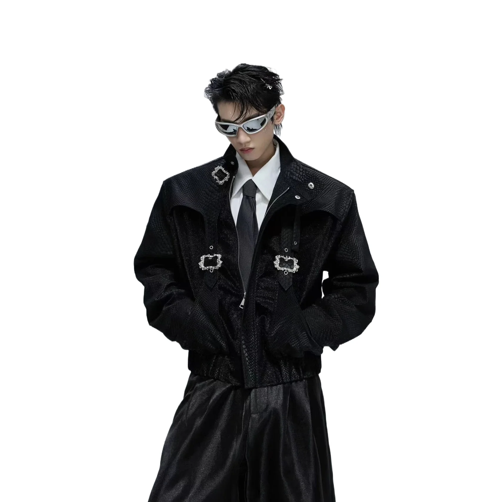 

Men Fahsion Luxury Jacket With Leather Patchwork Loose Fit Punk Style Elegant Coat With Buckles Vibe Style Y2K Outerwear