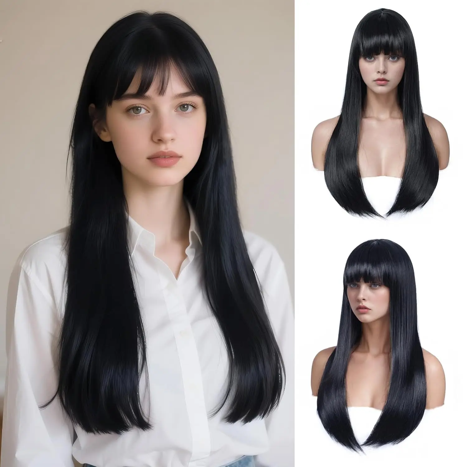 

Женский черный длинный прямой парик с челкой, термостойкий синтетический парик для девочек, повседневная одежда, вечеринка, Хэллоуин, парик для косплея, черный парик 24 дюйма