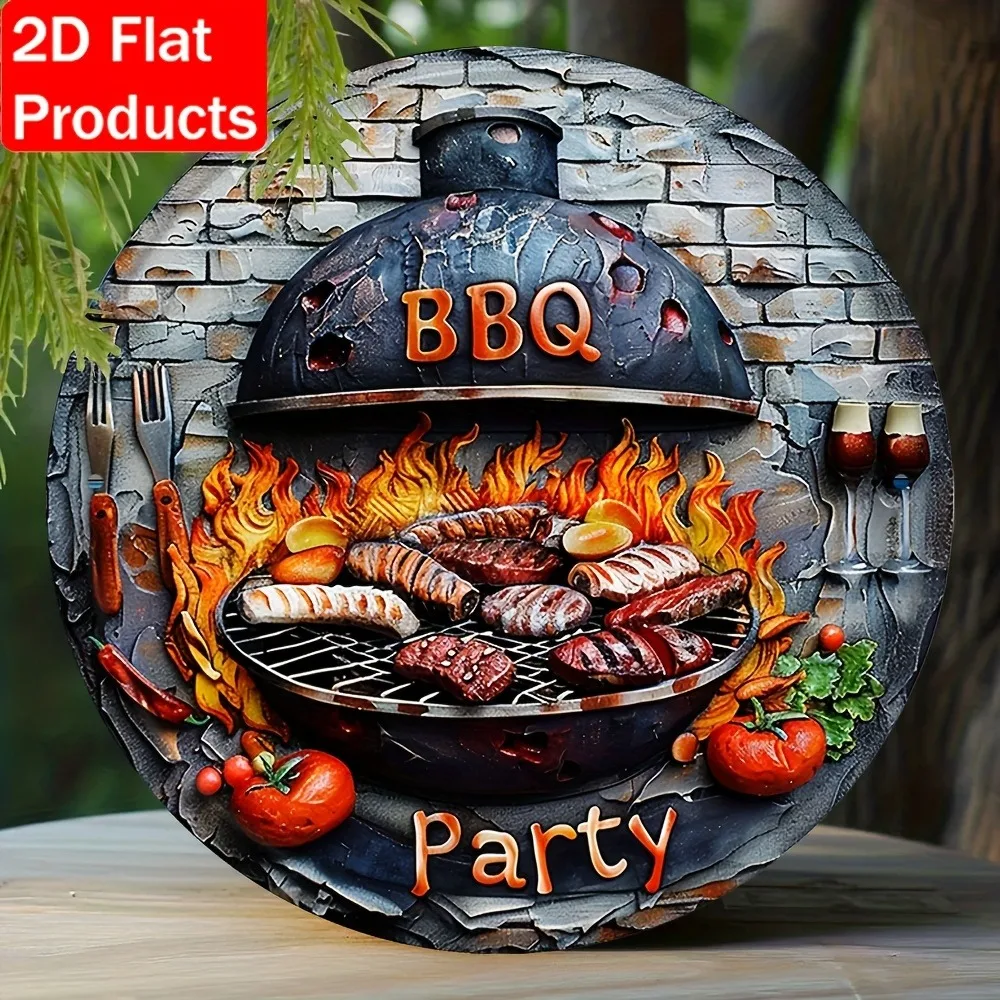 BBQ Party 2D-Blechschild – 20,3 x 20,3 cm, lebendige Grillkunst, rustikale Veranda-Camping-Dekoration, Outdoor-Themenversammlungen, 1 Stück