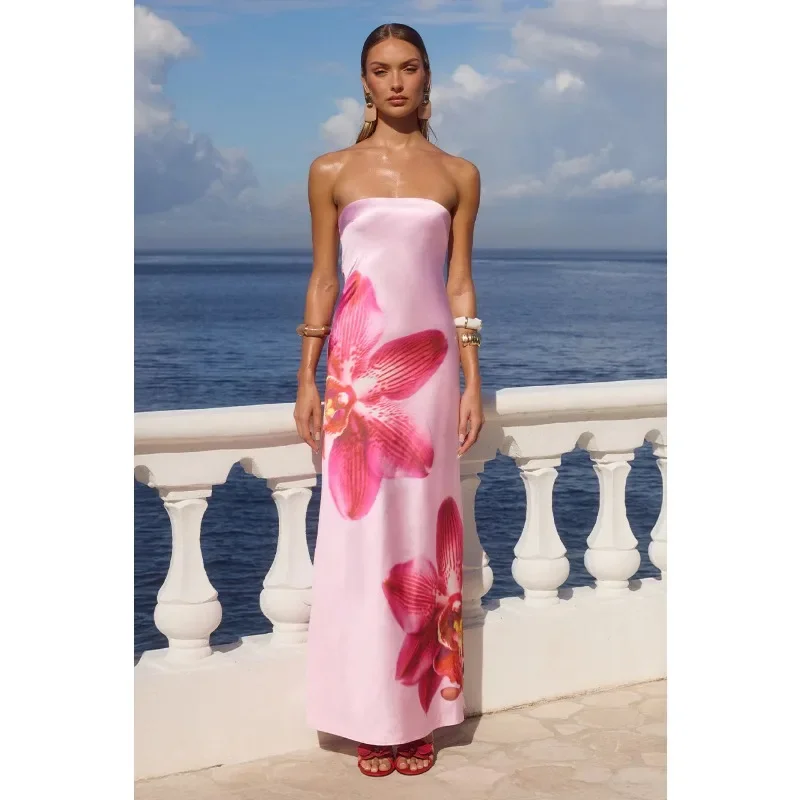 فستان صيفي بوهو طويل بدون ظهر مزين بالزهور أنيق بدون أكتاف لحفلات الكوكتيل فستان طويل مثير للنساء Y2K بدون حمالات