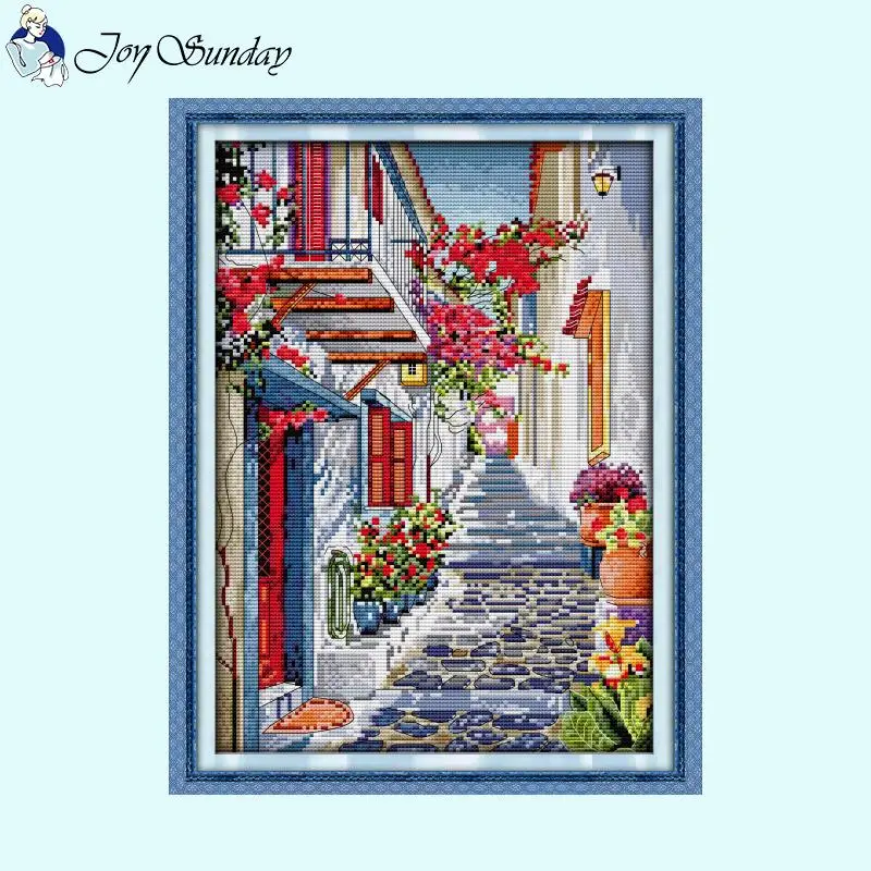 Flower Street Scenic Cross Stitch Aida 14CT Count 16CT 11CT Stamped Canvas Fabric DIY Hand Embroidery Sewing Kit Home Decor Gift