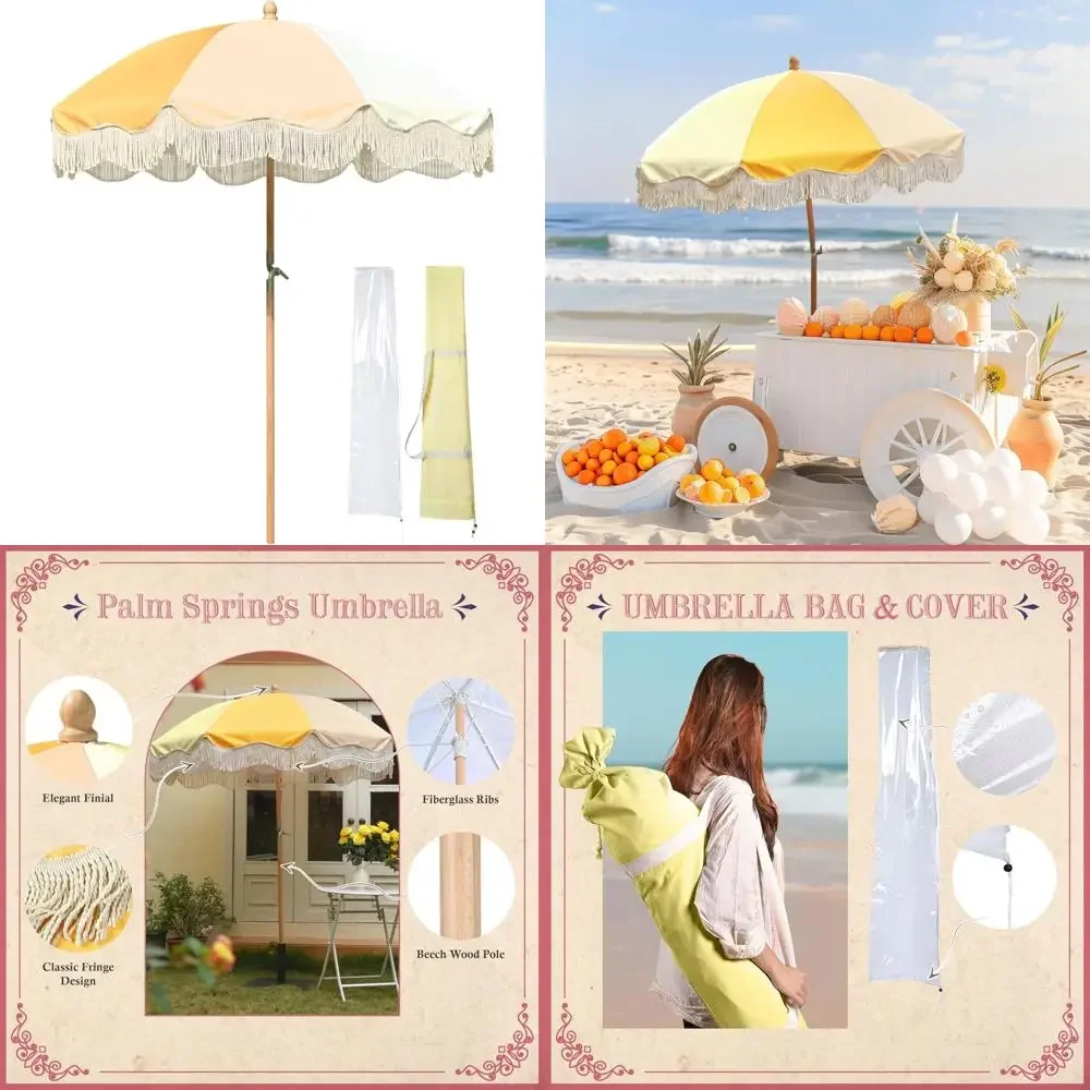 

Винтажный деревянный зонт для патио с бахромой и сумкой для переноски и чехлом для улицы, сада, двора и свадебных столов-бистро