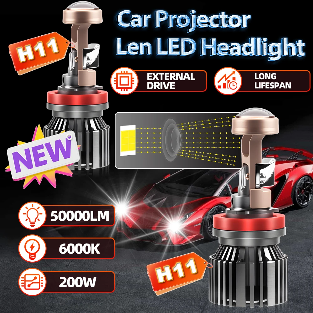 

H11 H4 H7 9005 9006 Car Projector Len LED Headlight Canbus No Error 50000LM Turbo 300W 12V External Drive 6000K Long Lifespan