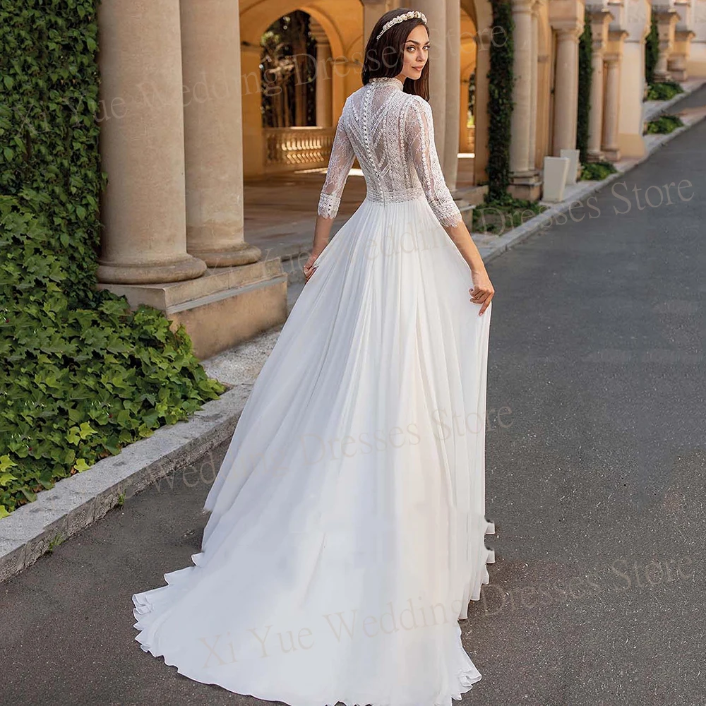 Robes de mariée en dentelle à col haut pour femmes, simple, gracieuse, ligne A, modeste, mariée en dentelle, quel que soit le bouton élégant, mousseline de soie