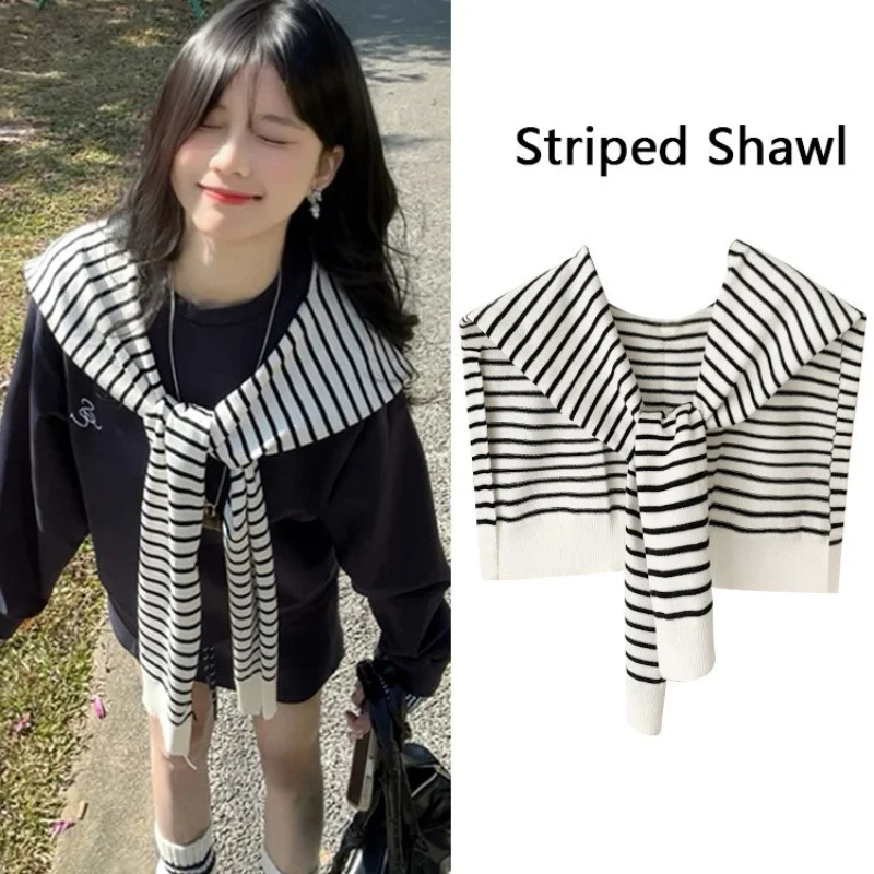 

Spring/Summer Striped Shawl for Women Black White Small Camisole Korean Style Top And Scarf Ensemble