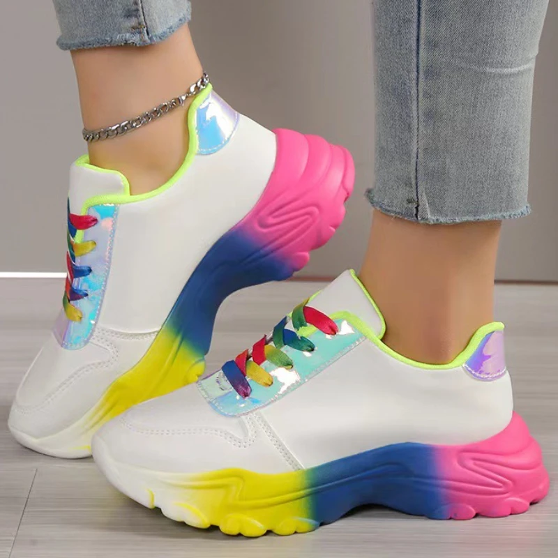 Women's Platform Sneakers Mixed Colors Thick Bottom Shoes Casual Round Head Lace-up Trainers Zapatillas Mujer Deportivas