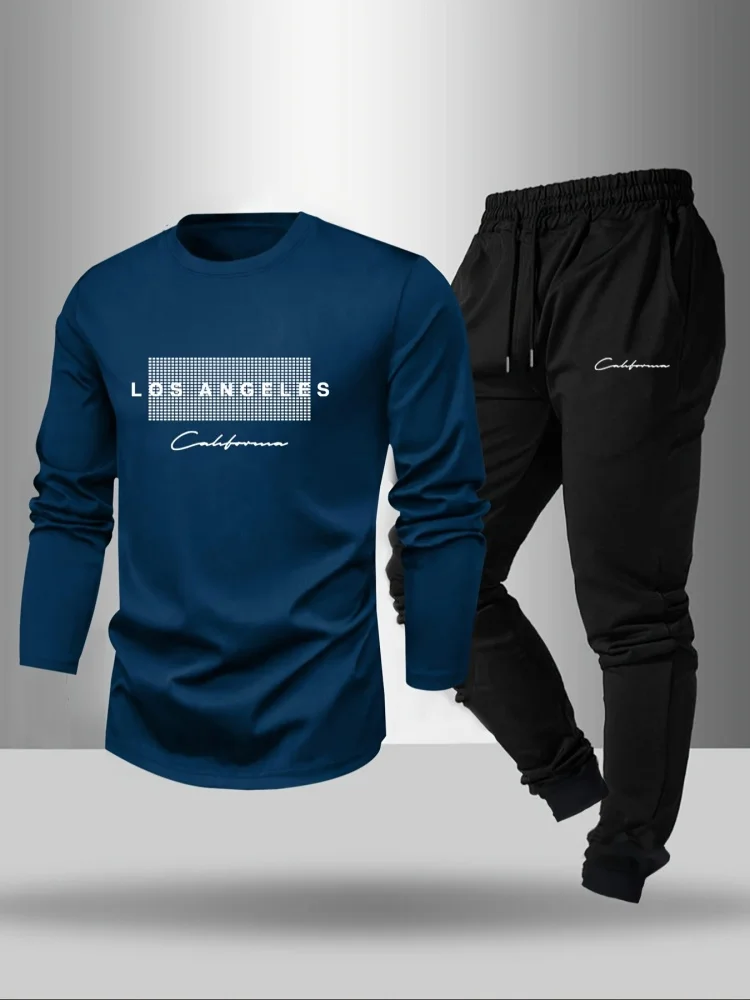 New Men's Fashion Letter Print Breathable Crewneck Sweatshirt & Casual Drawstring Pants Set Outdoor Leisure Sports Two-Piece Set