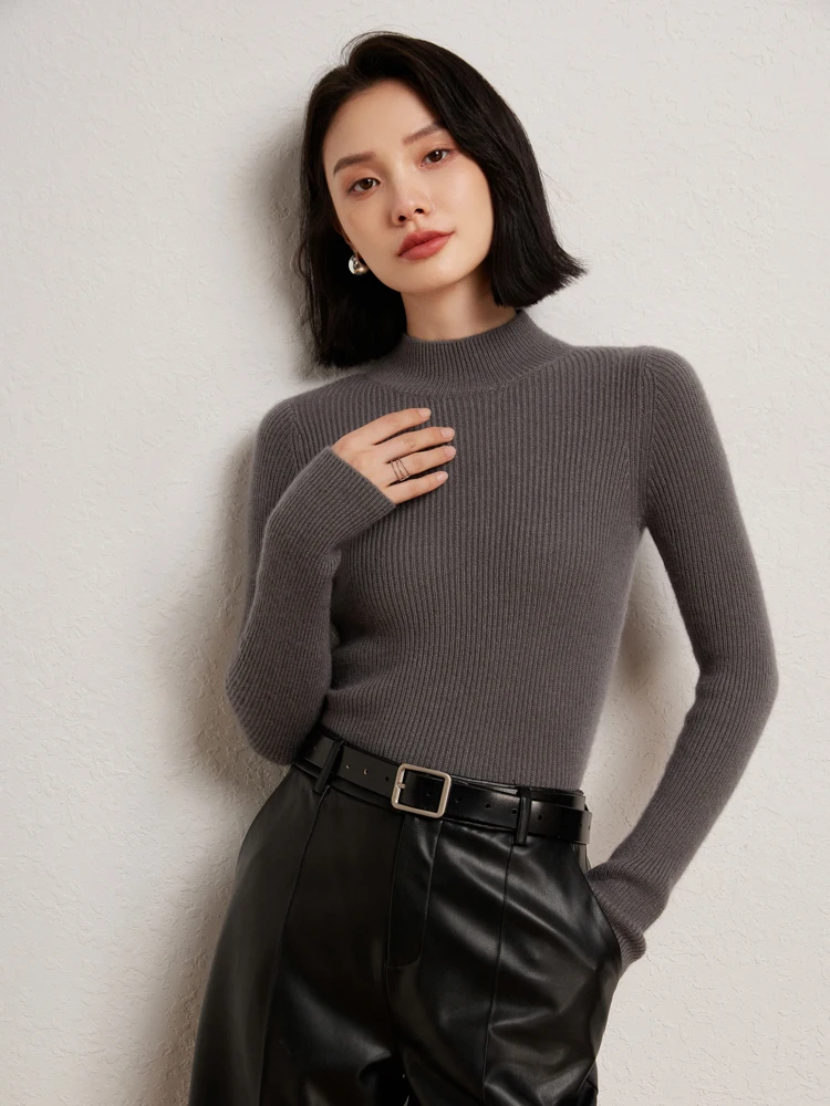 Women\'s 100% Cashmere Sweater Mock Neck Slim Pullover Basic Thick Cashmere Knitwear Autumn Winter Soft Warm Long Sleeve Clothing