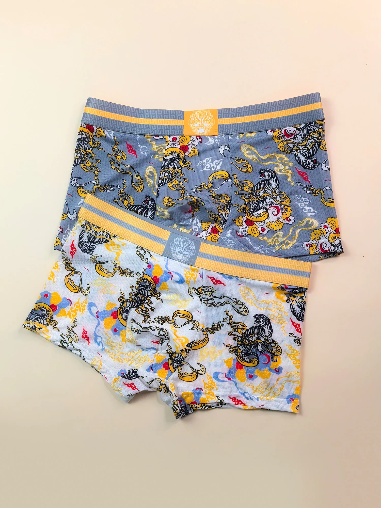 Men's Vintage Print Ice Silk Seamless Boxer Briefs Antibacterial Mid Waist Breathable Trendy Underwear 3