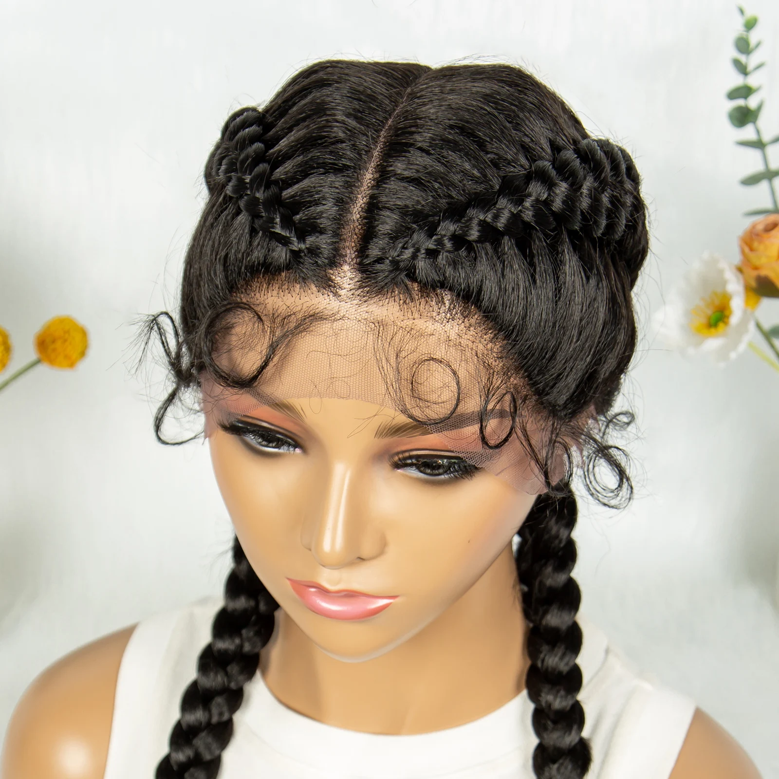 Kima 32 Inches Synthetic Cornrow Boxer Braided Wigs Lace Front Twins Dutch Braids Wig With Baby Hair for Black Women