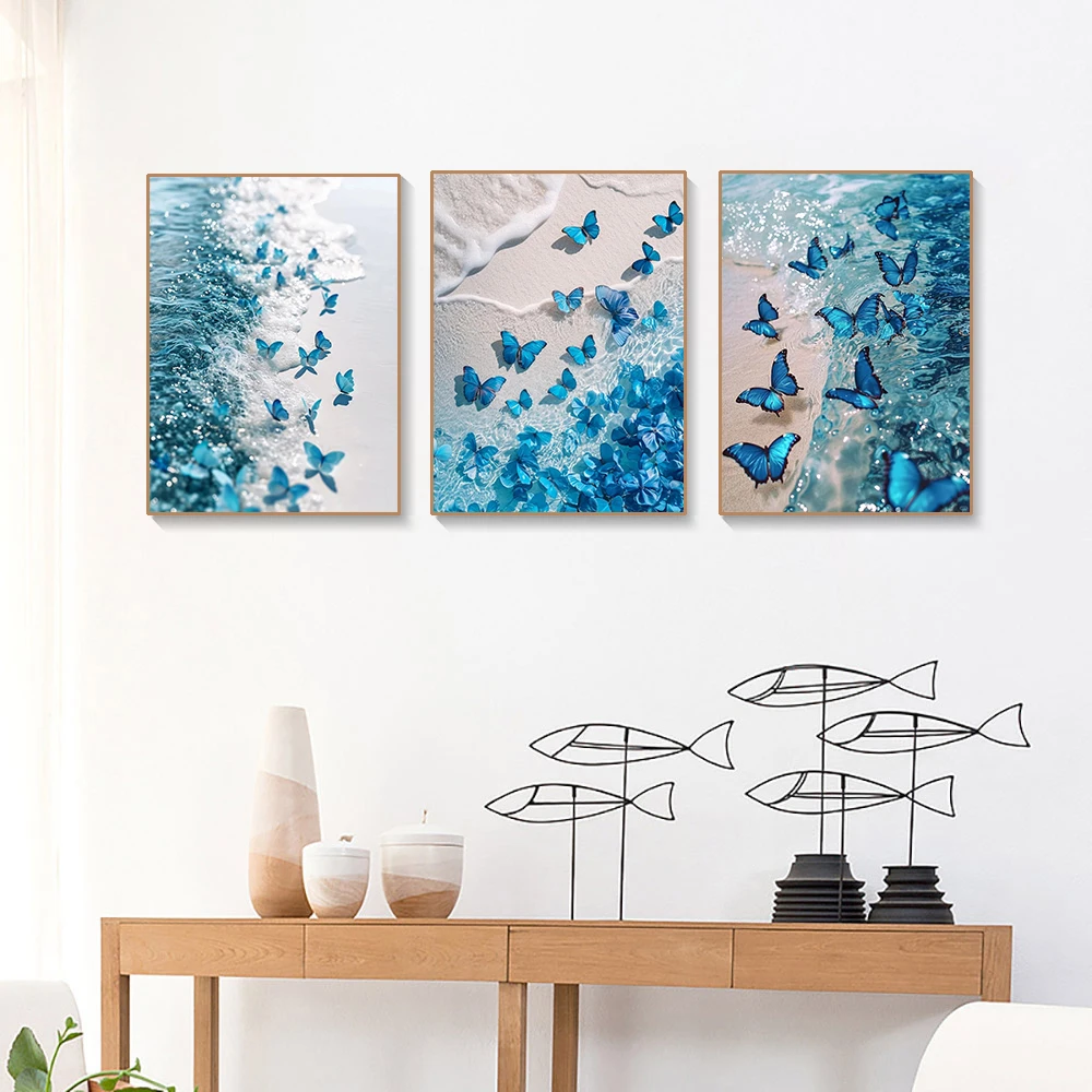 5D DIY Landscape Diamond Mosaic Embroidery Kit Seaside Blue Butterfly Diamond Painting Rhinestone Inlaid Home Decoration Art