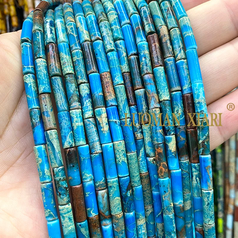 4x13MM Tube Natural Stone Lake Blue Sea Sediment Jasper Cylinder Spacer Beads for Jewelry Making Diy Bracelet Charms Accessories