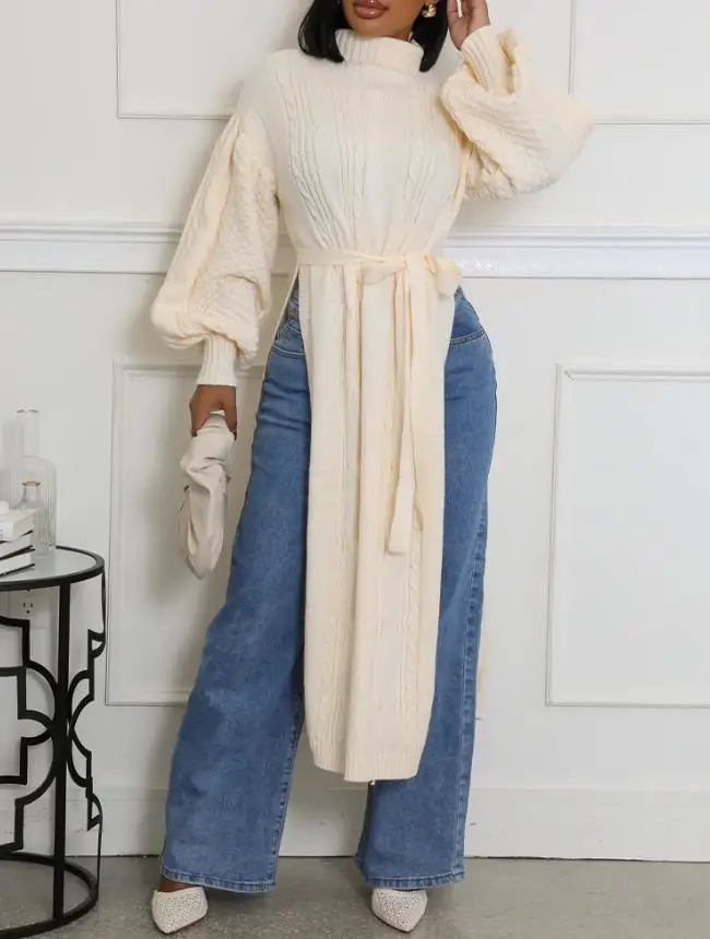 المرأة نمط طويل البلوز كابل محكم عالية الرقبة فانوس كم ربطة القوس فيونكة الخصر سترة عادية عالية الشق متماسكة الخطوط الطويلة