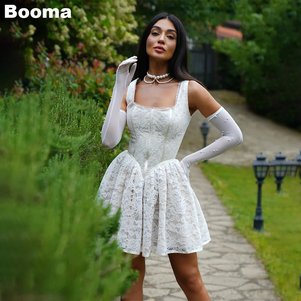 Booma A-Line Mini Prom Dresses Sleeveless Square Collar Lace Short Wedding Party Gowns for Women Brides Cocktail Dress Outfits