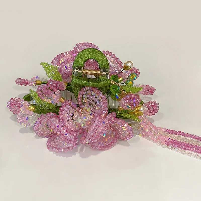 Large Size Crystal Flower Hair Claws Back Head Shark Clip Handmade Tassel Hair Clip Elegant Banquet Party Hair accessory