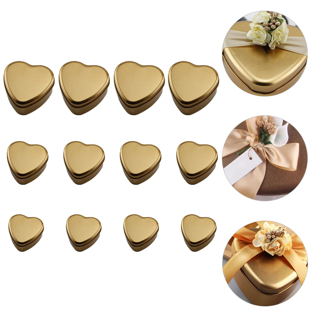 

12 Pcs Heart Shaped Candy Tin Box Wedding Christmas Decor Metal Sweets Storage Biscuit Cookie Gift Box Golden Tinplate