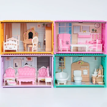 새로운 4in1 소형 가구 액세서리 모델 컨테이너 욕실 침실 세트 장면 1:12 스케일 인형 집 소품 주방 장난감