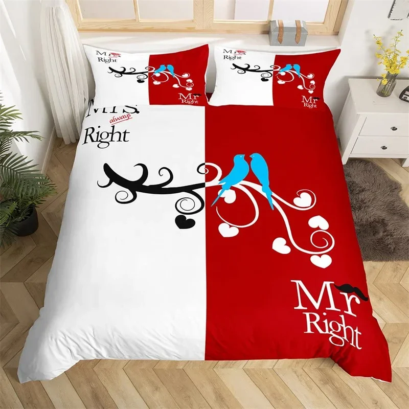 Mr Mrs Bedding Set Microfiber Romantic Wedding Theme Duvet Cover Set King For Valentine Day Funny Quotes Love Heart Quilt Cover