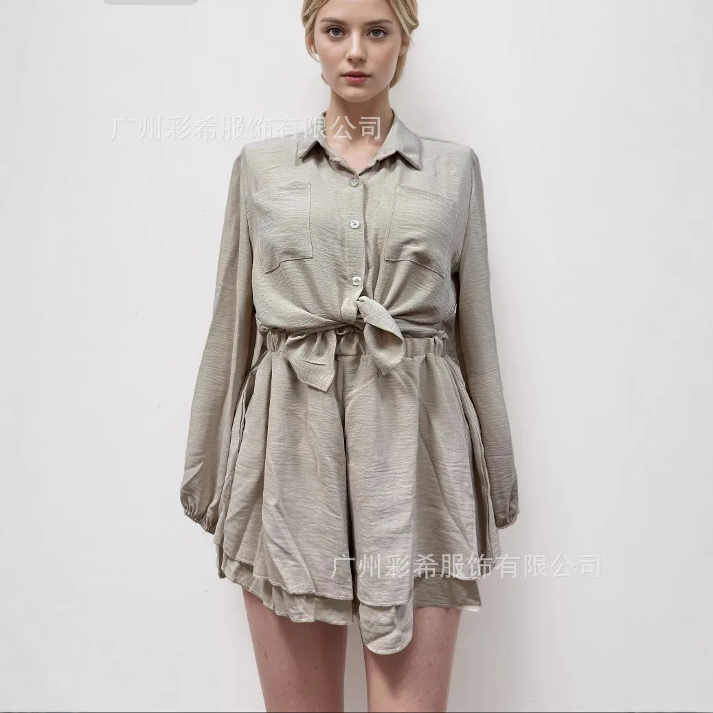 

Новый женский комбинезон с длинными рукавами, на пуговицах, с завязками на талии, многослойным рюшевым подолом, повседневный короткий комбинезон для лета
