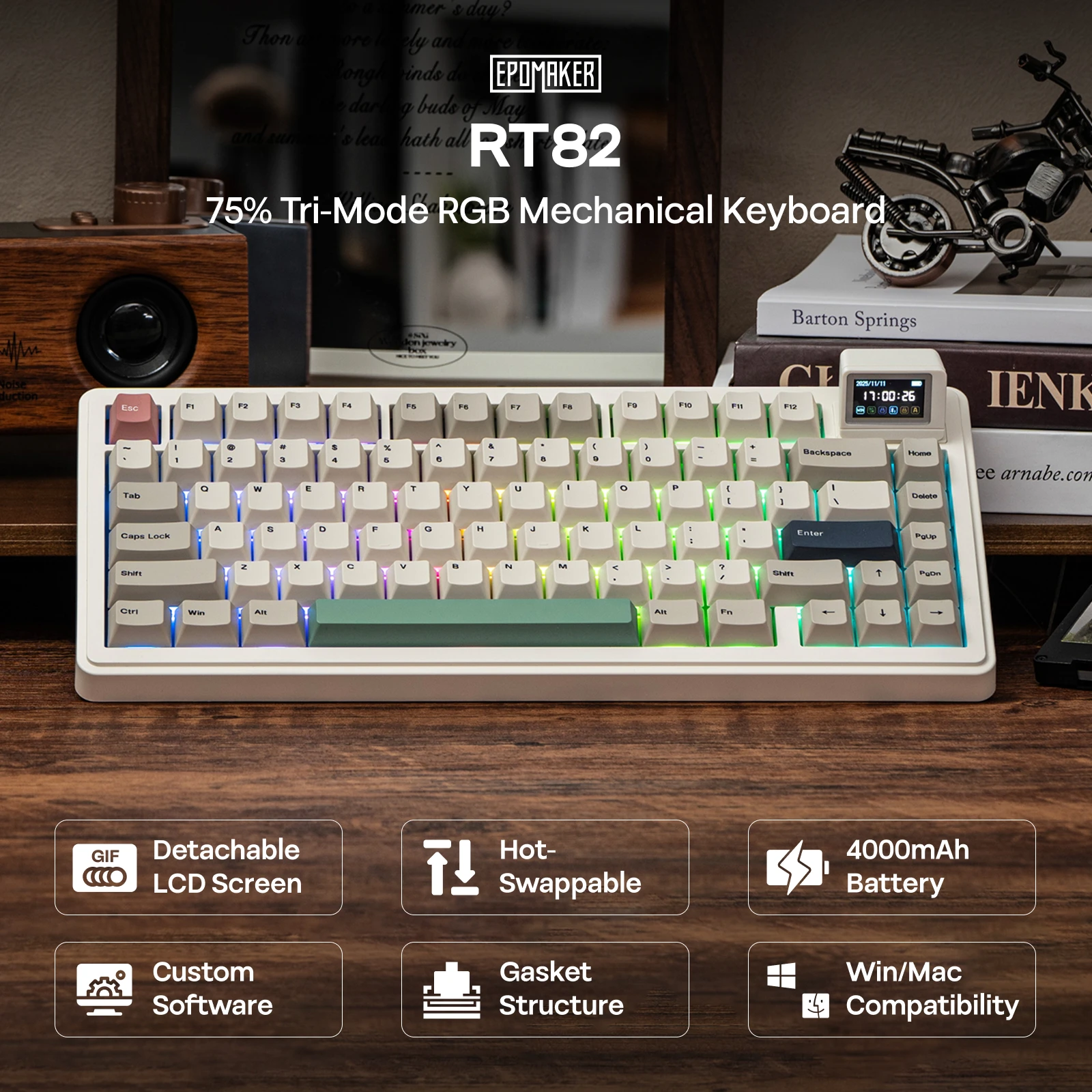 EPOMAKER RT82 QMK/VIA 75% 미국 QWERTY 레이아웃 핫스왑 가스켓 유선/BT 5.0/2.4GHz 무선 기계식 키보드 LCD 화면 포함