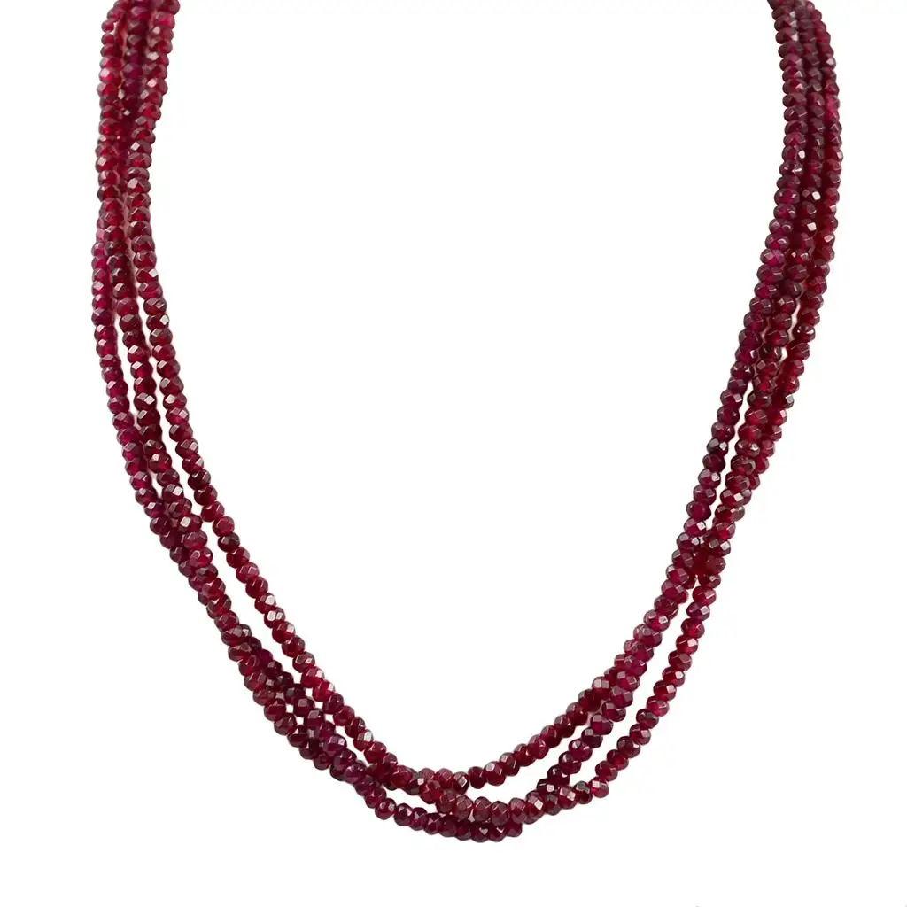 Three Strand Beaded Necklace Faceted Ruby Color Gemstone Statement Choker for Women Party Jewelry