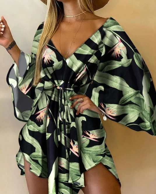 Vestido de verano con manga de murciélago para mujer, traje con cuello en V, estampado de temperamento, cintura media, 2024