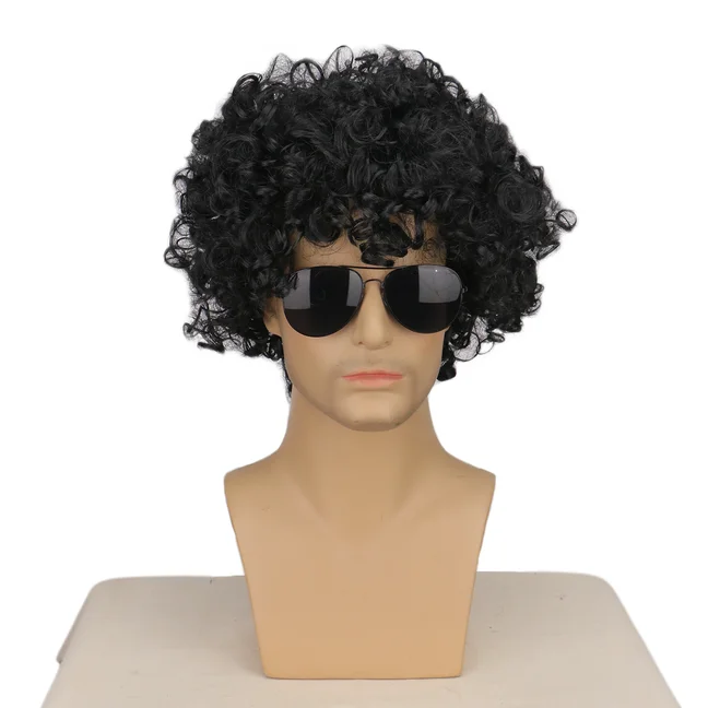 70s Mullet Wig Synthetic Mens Black Short Curly Rocker Disco Wig with Glasses Boys Wet Look Wig Michael Jackson Role Play Wig