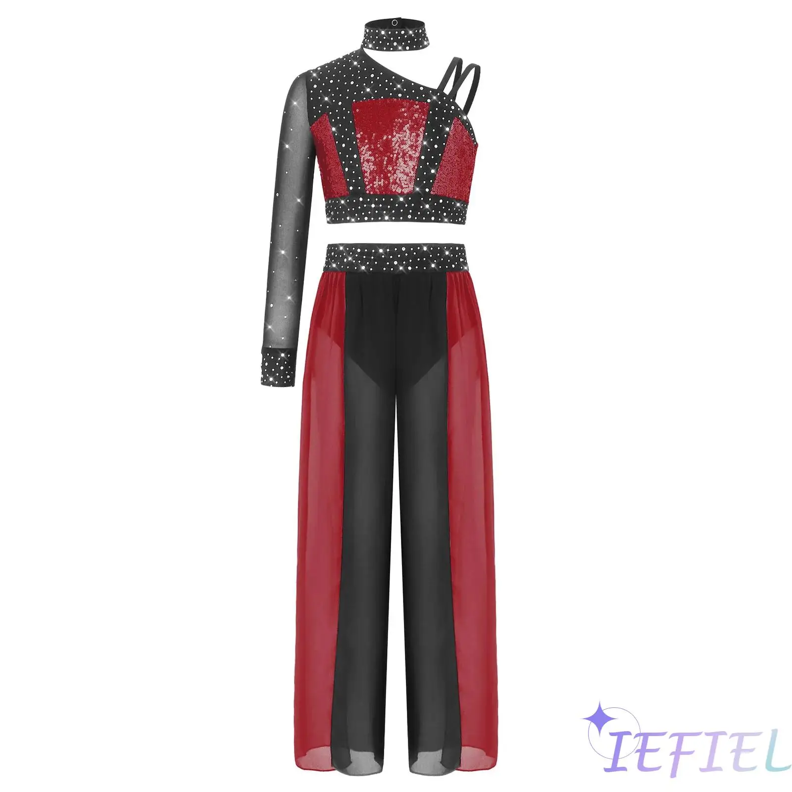 

Kids Girls Lyrical Dance Outfit Asymmetrical Mesh Long Sleeve Shiny Rhinestones Sequins Crop Top with Split Flowy Chiffon Pants