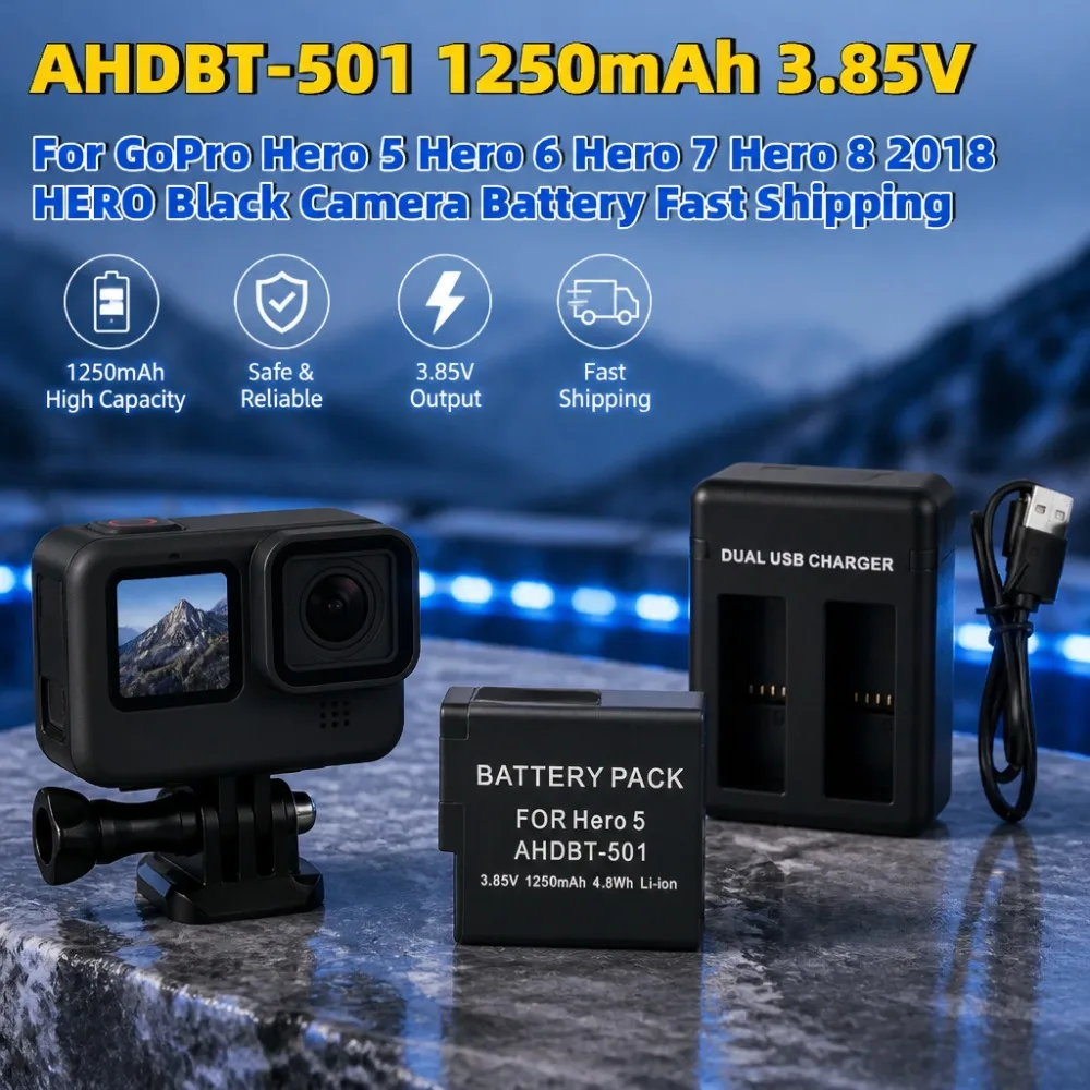 New AHDBT-501 1250mAh 3.85V Digital Batteries for GoPro Hero5 Hero 6 Hero7 Hero 8 2018 HERO Black Camera Battery Fast Shipping