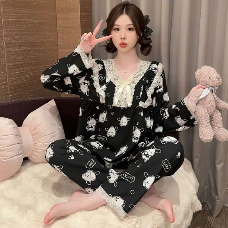 5XL Plus Size Women's Pajamas Autumn Spring Long Sleeve Soft Sleepwear Set Grid Cartoon Loose Home Clothe Can Be Worn Outside