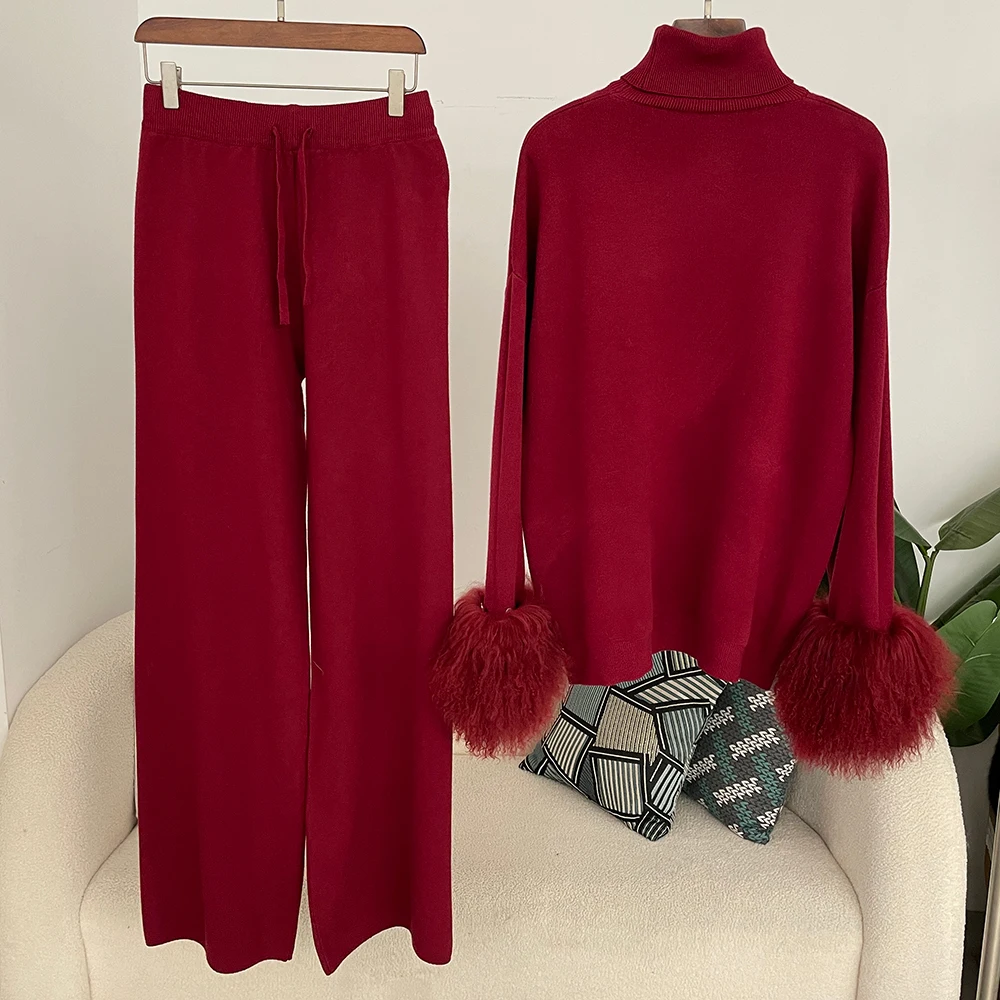 

Wool & Blend Knitted Pullover and Pants Women's Sweater Set with Real Mongolian Sheep Fur Cuffs High Quality 2025 Knitted Suit