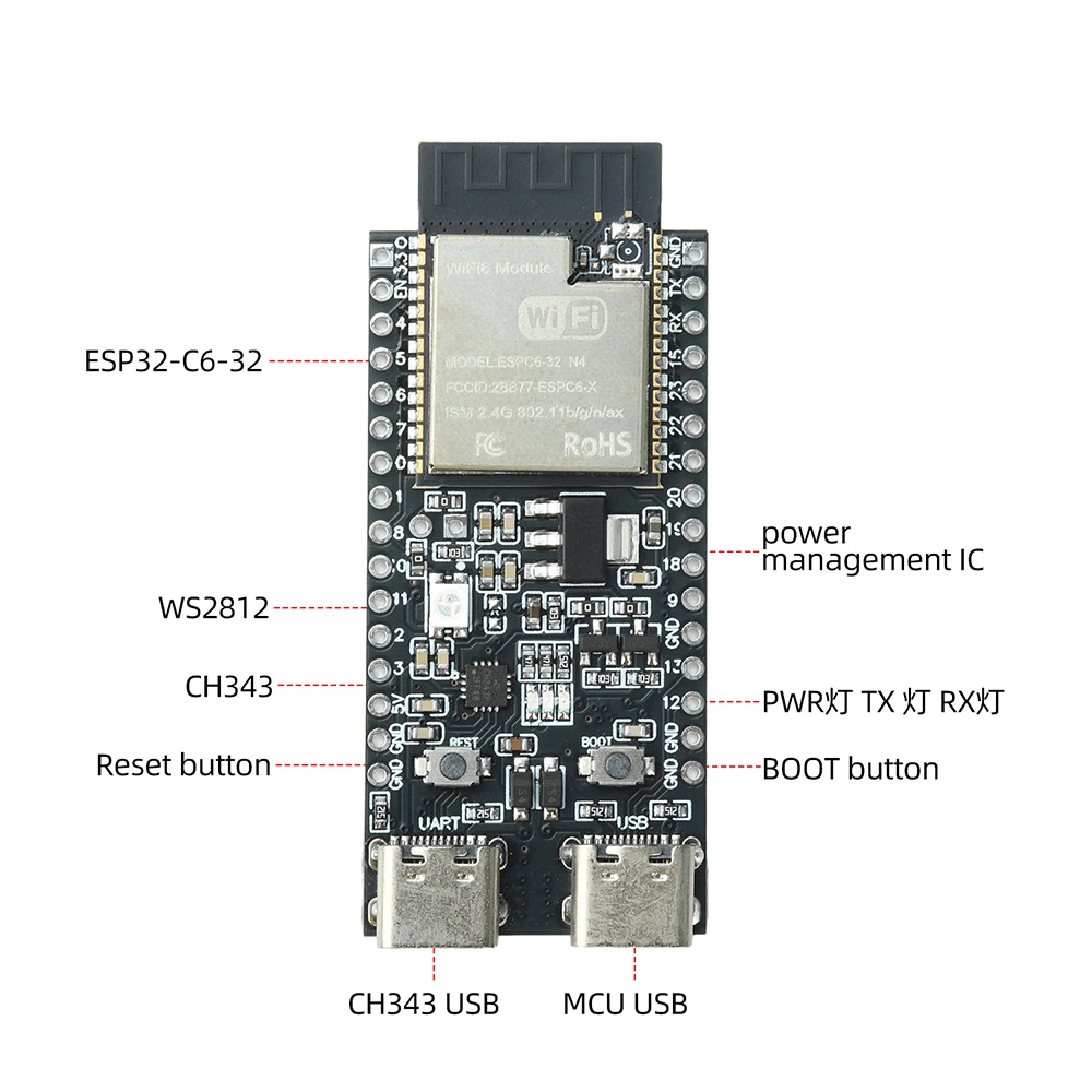 ESP32-C6 Development Board RISC-V 32-bit / WiFi 6 / Bluetooth 5 Dual Type-C MCU Module for IoT Smart Home Low Power Devices