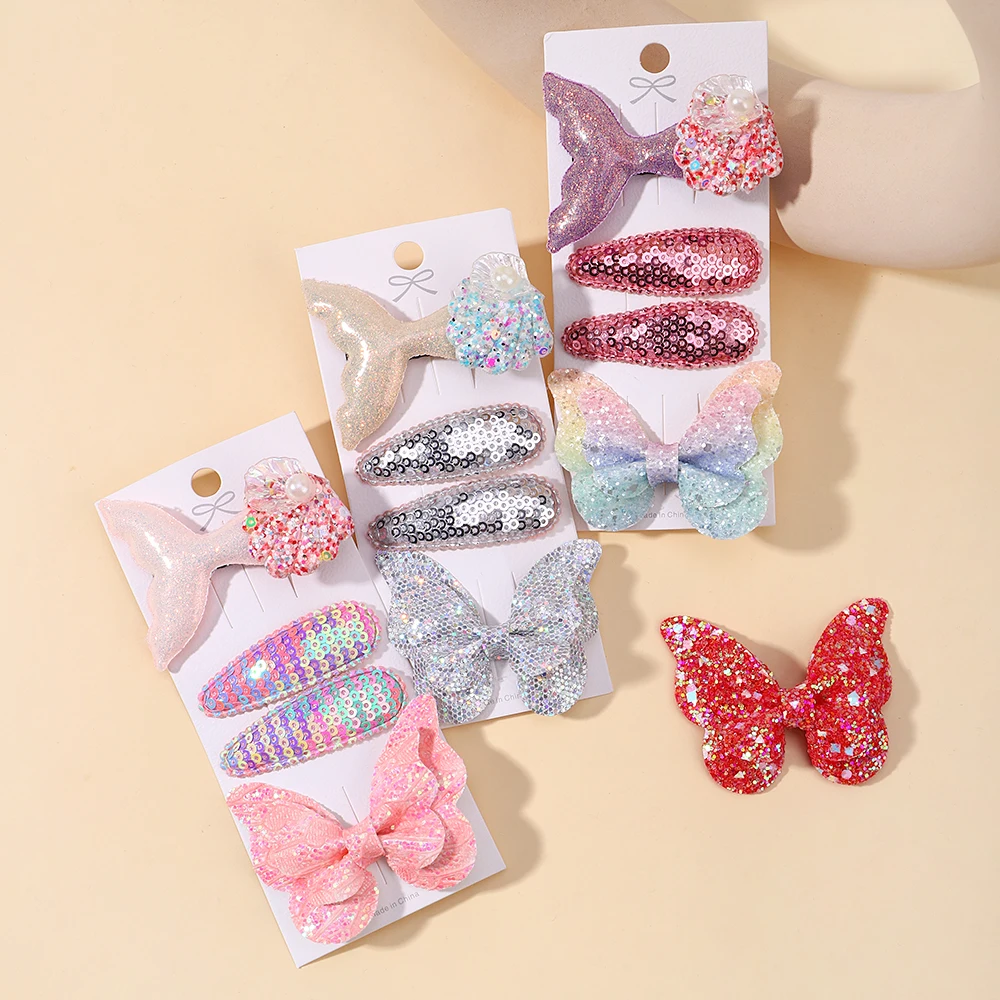 4pcs/set Girls Sequin Fish Tail Butterfly Hairpins Children Kids BB Hair Clips Barrettes Baby Accessories Hairclip Headwear Gift