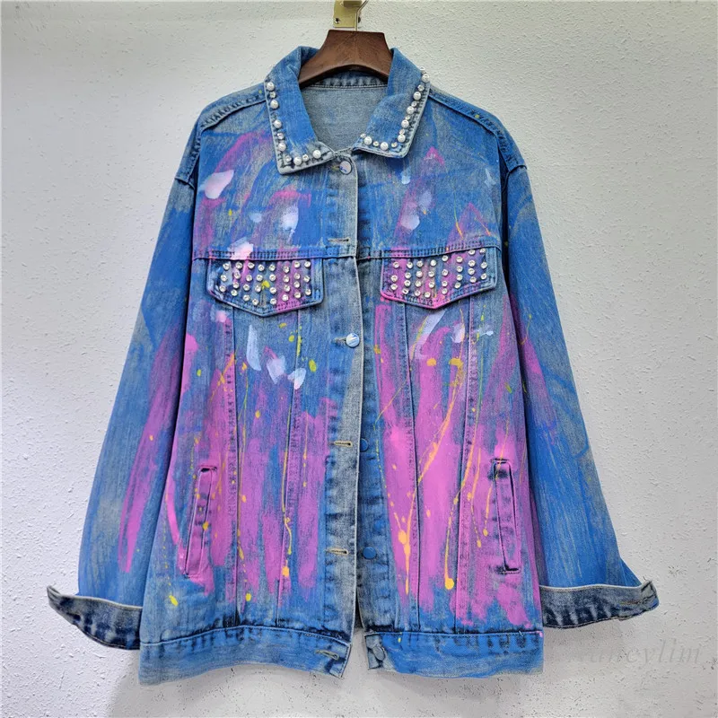 

Personality Denim Jacket Woman Heavy Industry Beads Fried Street Denim Coat Loose Youthful-Looking Fashion Brand Top Autumn Coat