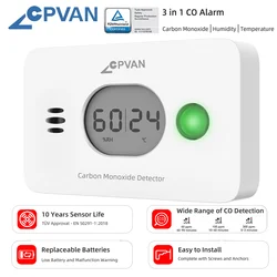 CPVAN-Detector de monóxido de carbono 3 en 1, pantalla Digital inalámbrica con temperatura y humedad para protección de seguridad del hogar, alarma de CO
