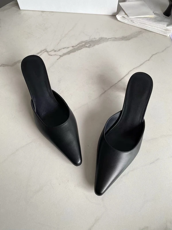 Maxdutti Minimalist Genuine Leather Shoes Women High Heels French Fashion Elegant Pointed Mules Shoes For Commuting