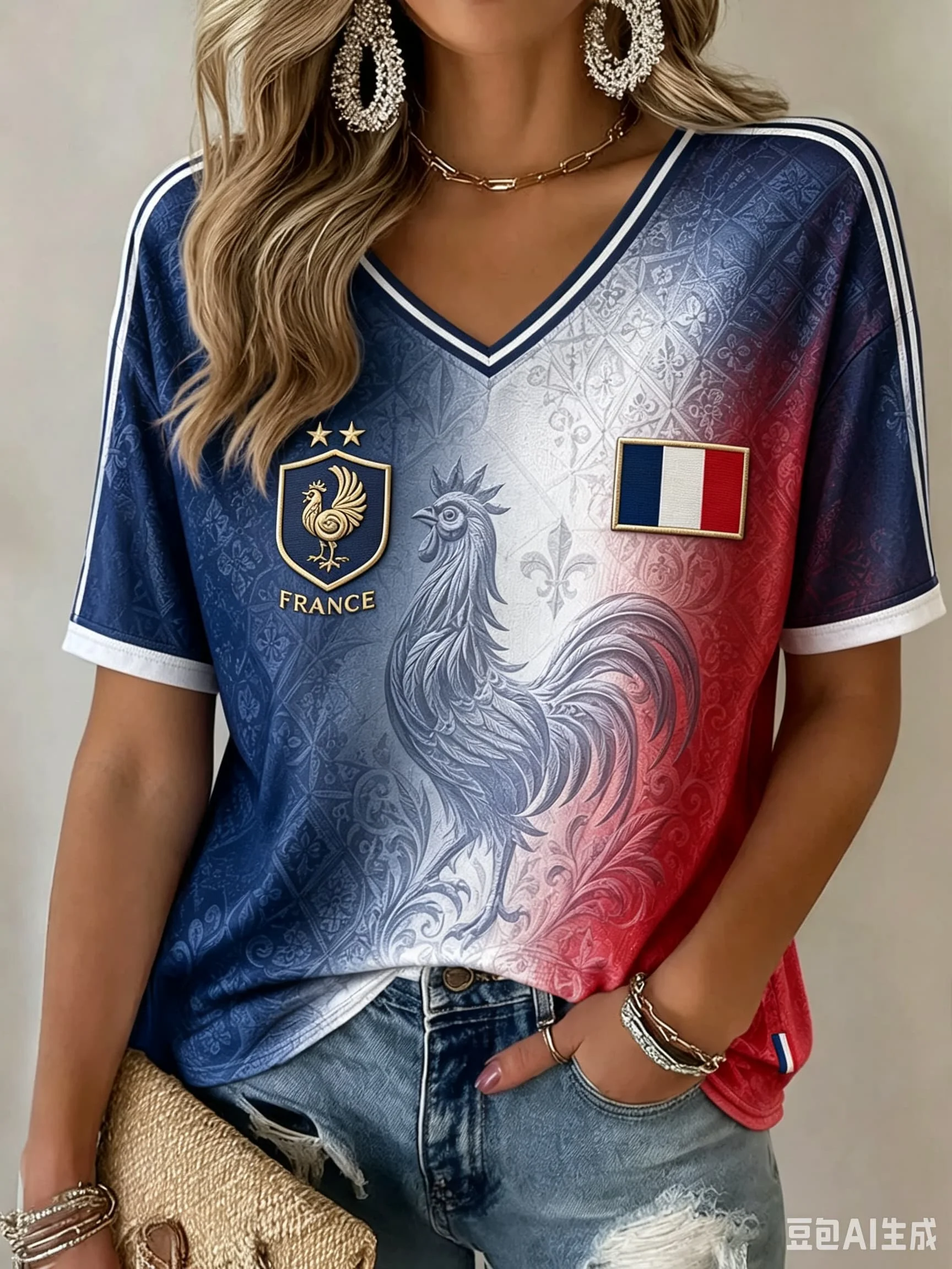 Women France National Rooster Gradient Football Jersey V Neck Short Sleeve French Flag Print Striped Cuff  Fan Sports T-shirt view 3