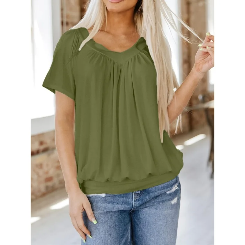 

Плюс размер 1XL-5XL женская однотонная плиссированная свободная повседневная удобная футболка с v-образным вырезом и короткими рукавами