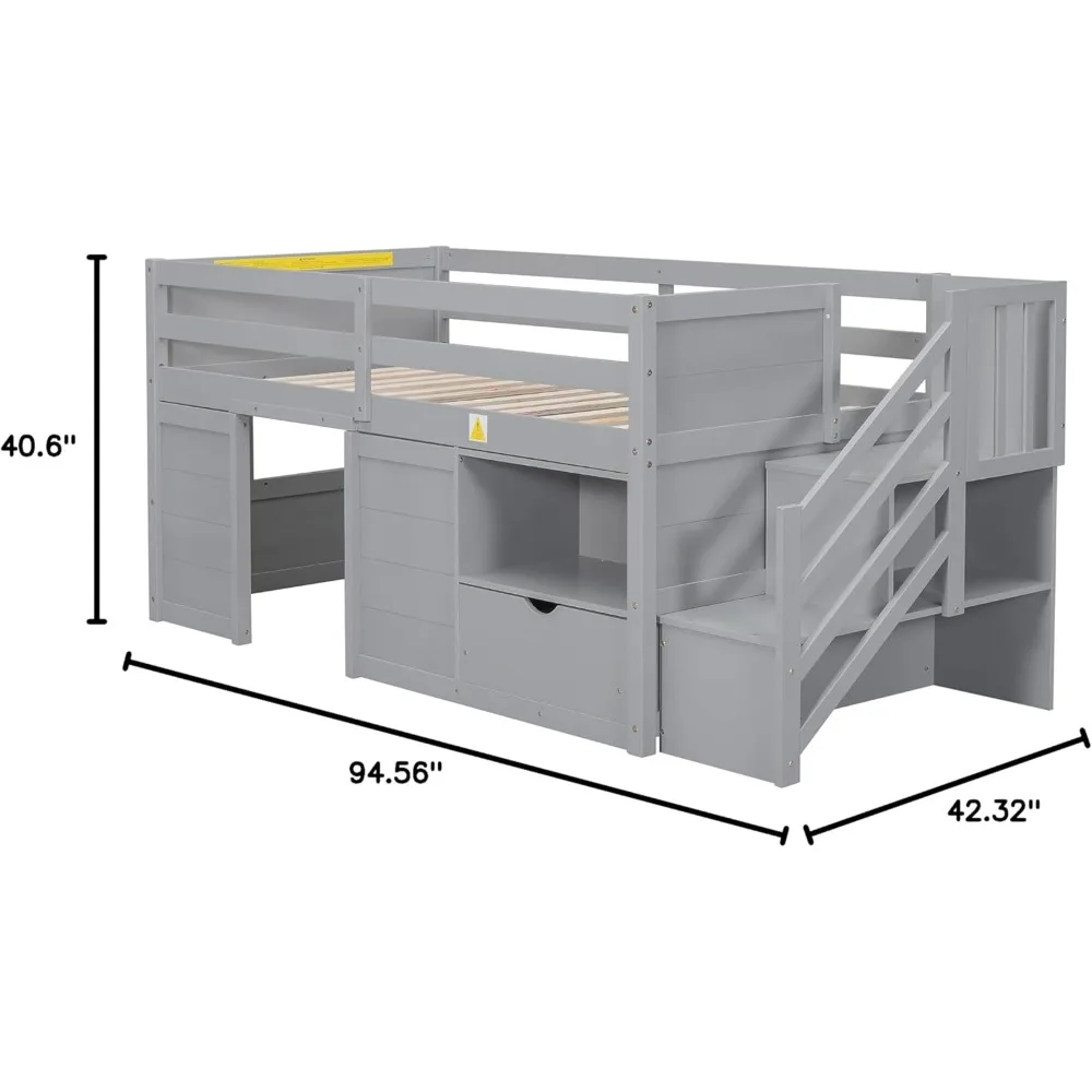 Twin Size Low loft Bed,Loft Bed with Storage,Modern Farmhouse Twin loft Bed for Kids,Wood Twin Low Loft Bed with Game House