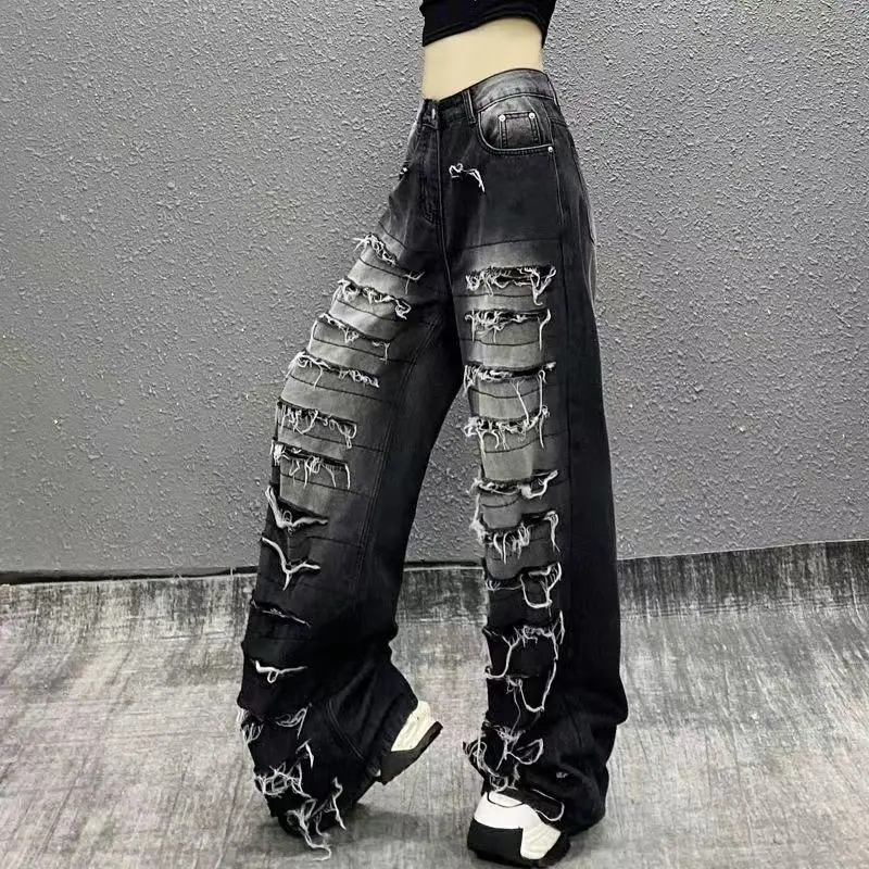 American Spice Girls Ripped Jeans And Drooping Wide-Leg Trousers Women Vintage Leg Denim Pants Gothic High Waist Baggy Trousers