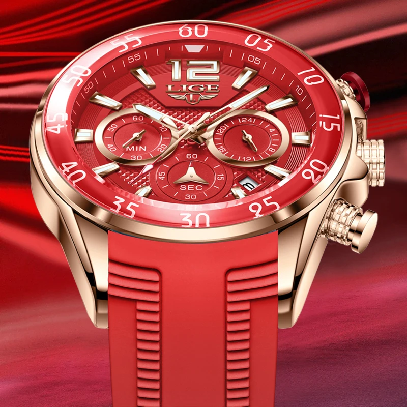 

Мужские часы LIGE, топовый бренд, роскошные красные силиконовые часы, водонепроницаемые спортивные кварцевые хронографы, наручные часы для мужчин, Reloj Hombre.