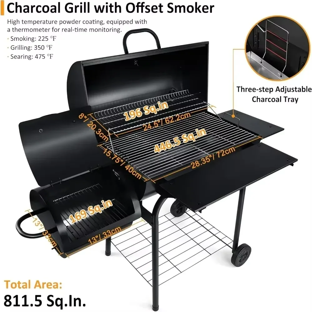 Charcoal Grill, Square Outdoor Grills & Smokers, Large Barrel Charcoal Grills with Grill Cover & Griddle for Camping, BBQ Grills