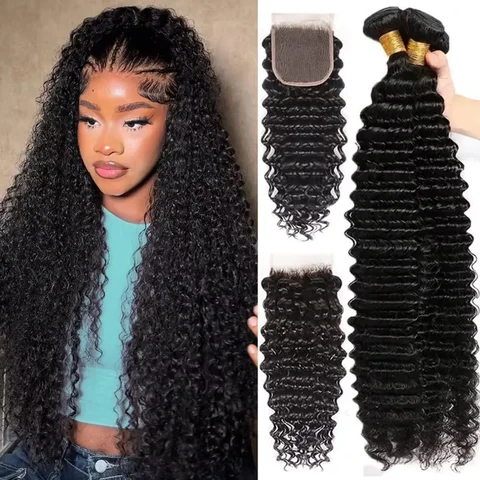 Malaysian Hair Weave Bundle With Closure Virgin 30 40 Inch Human Hair 3 4 Bundle With Frontal Deep Wave Bundle With Lace Closure