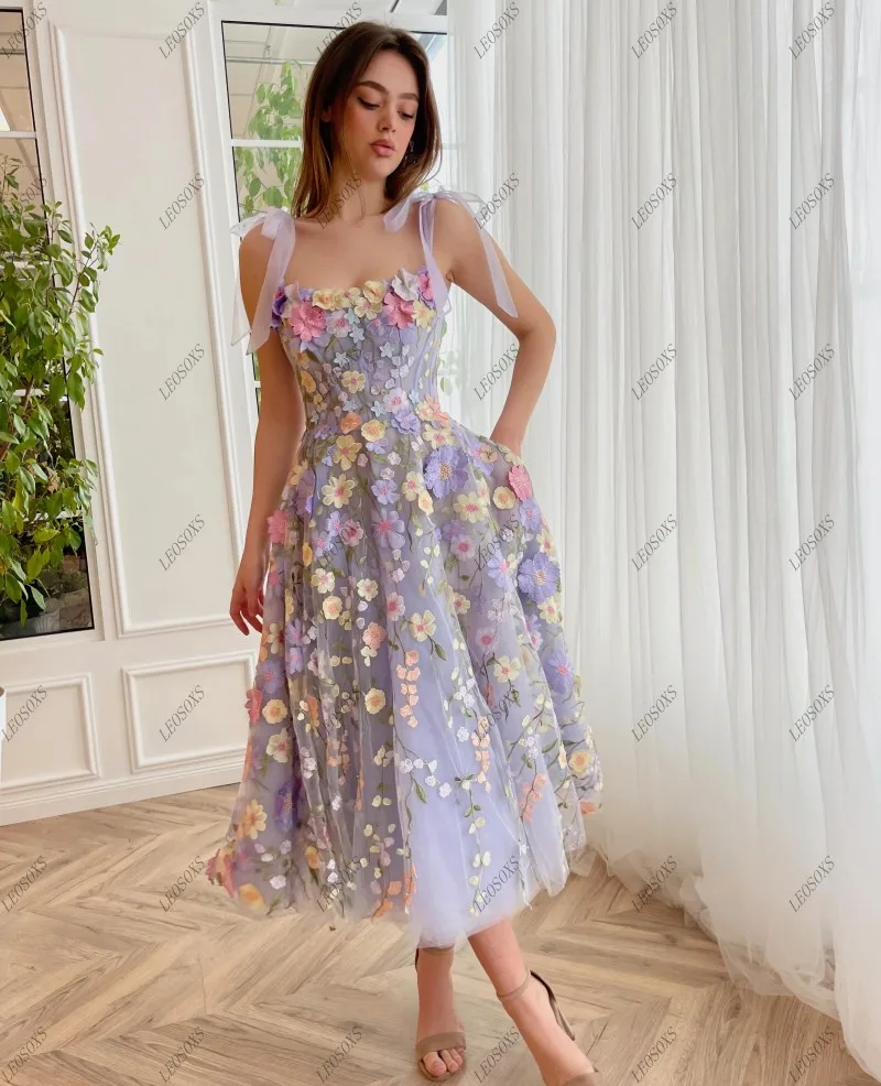 

Lavender Prom Dresses 3D Flowers Fitted Bones Tea-length Evening Gown Lace A Line Formal Scoop-Neck Party Vestidos De Graduación