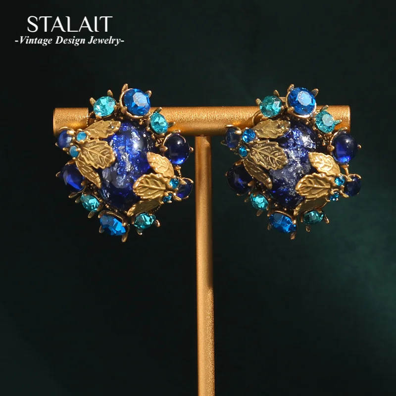 

Vintage Blue Earrings Stud Natural Stone Antique Gold Color Leaf Accessories For Woman Jewelry Luxury Designer Girls 2025 New